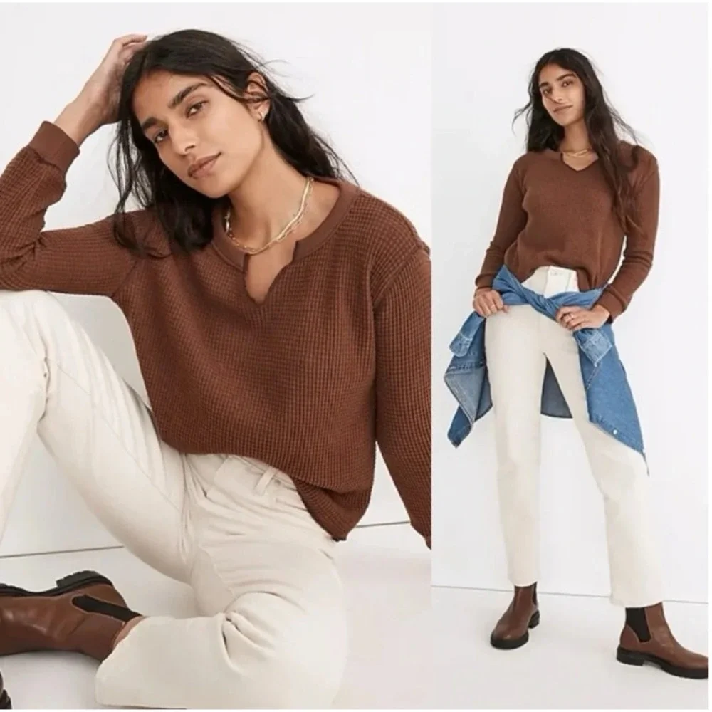 Madewell Women Plus 1X Waffle Split-Neck Crop Tee Brown NH570 (Re)sourced